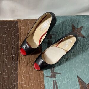 Black Leather Peep Toe Heels Red Accent Insole Platform Pumps Stiletto Shoes 37